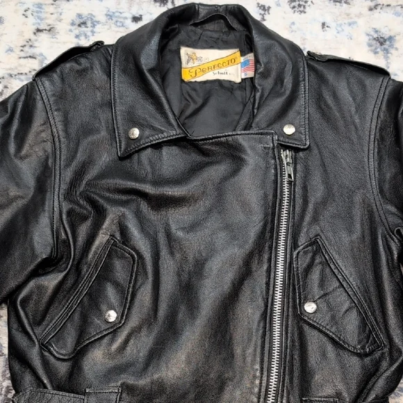 Schott NYC Perfecto Leather Motorcycle Jacket 16 Black Belted USA Made Vintage - Picture 4 of 12
